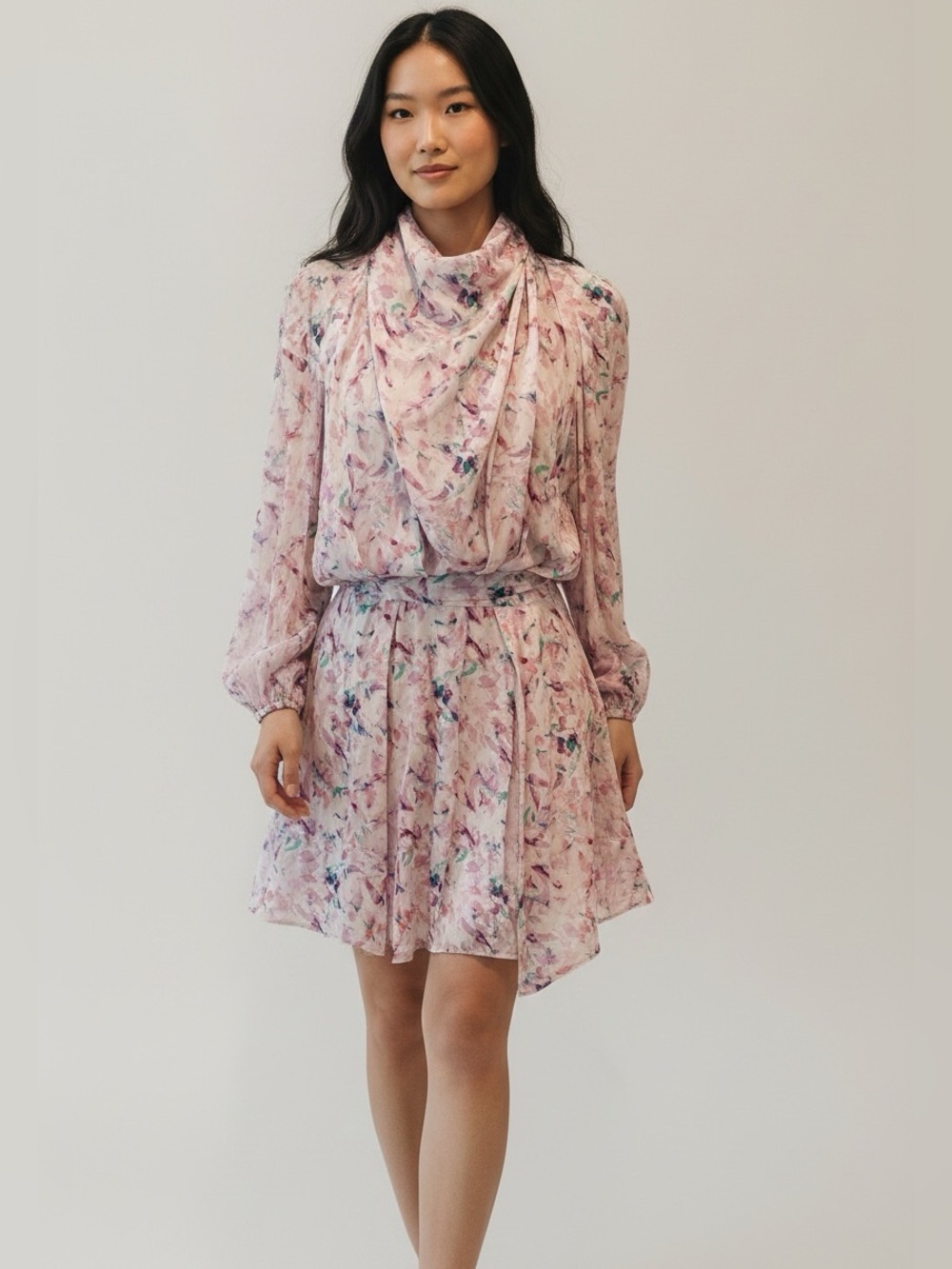 IRO Pleated Mini Dress Pink Bishop Sleeve Keyhole EU 34